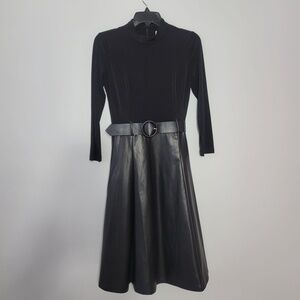 CALVIN KLEIN Mock-Neck Faux-Leather A-Line Dress Size 4